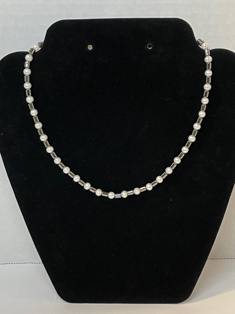Artisan Crafted Vintage 925 Hematite And Faux Pearl Beaded Necklace Beads, 15”